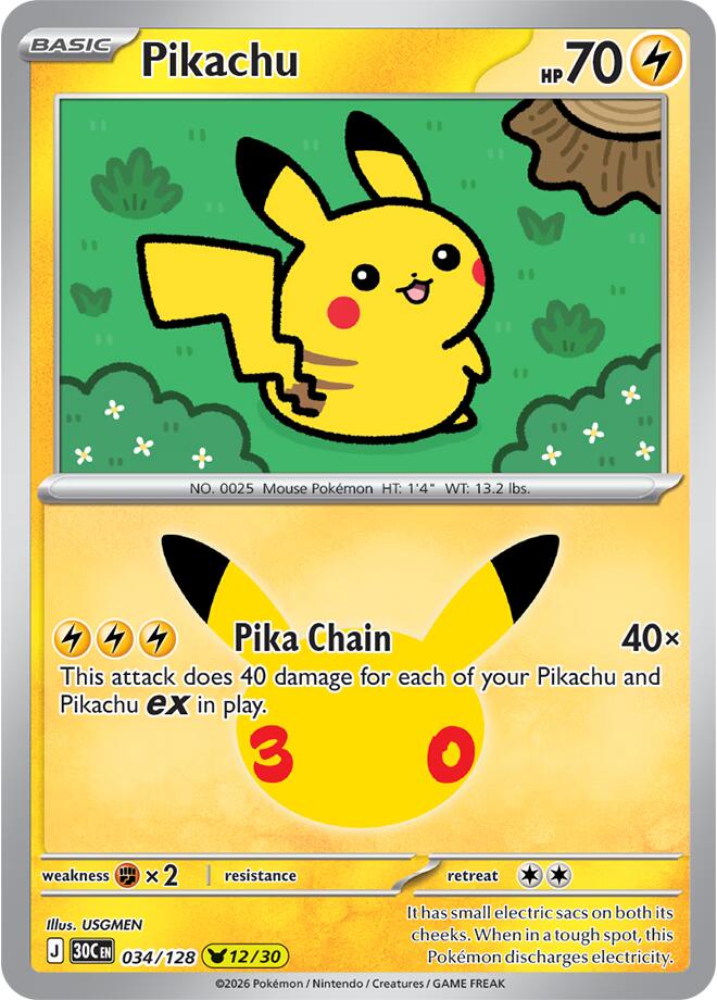 Pikachu 034/128 card from ME: 30th Celebration
