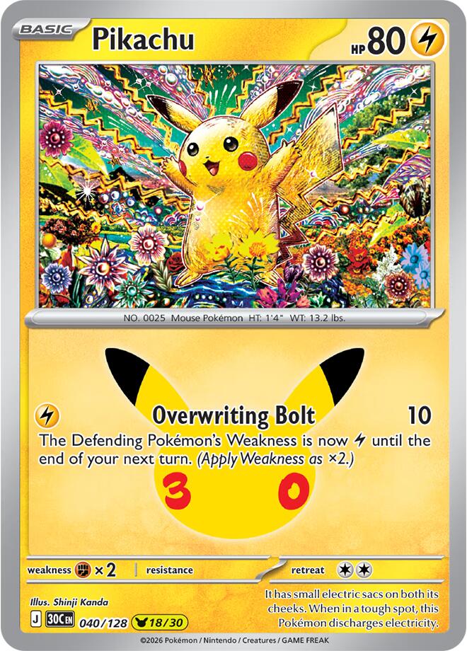 Pikachu 040/128 card from ME: 30th Celebration