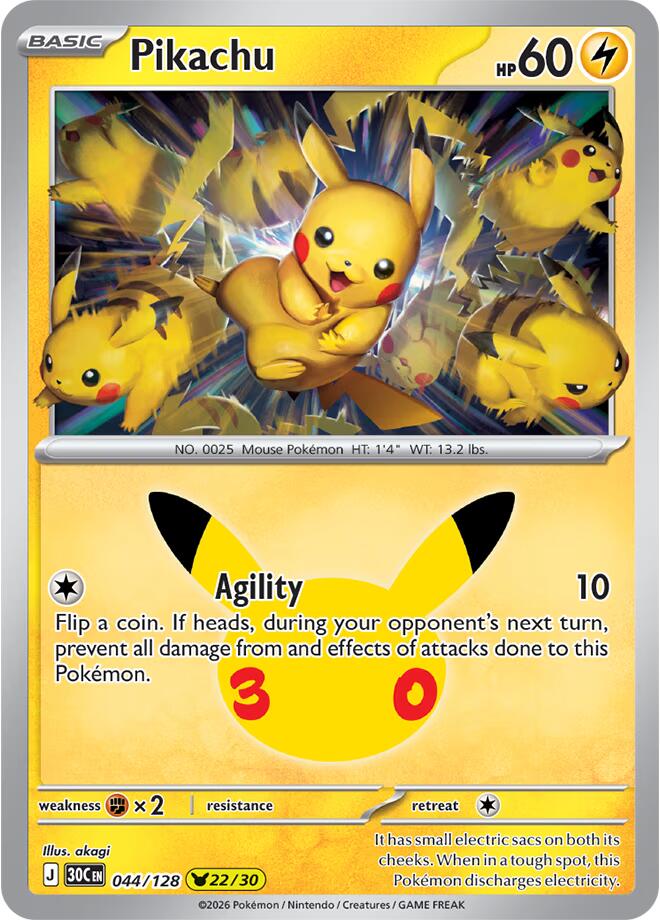 Pikachu 044/128 card from ME: 30th Celebration
