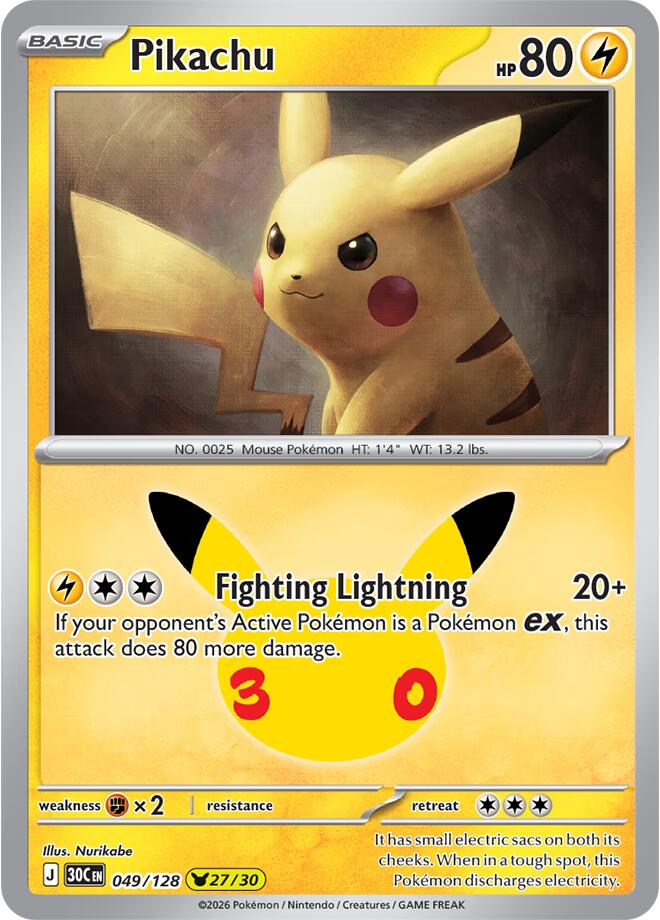 Pikachu 049/128 card from ME: 30th Celebration