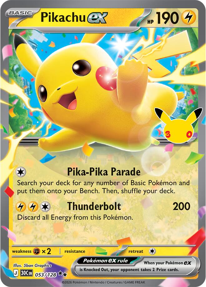 Pikachu ex 053/128 card from ME: 30th Celebration