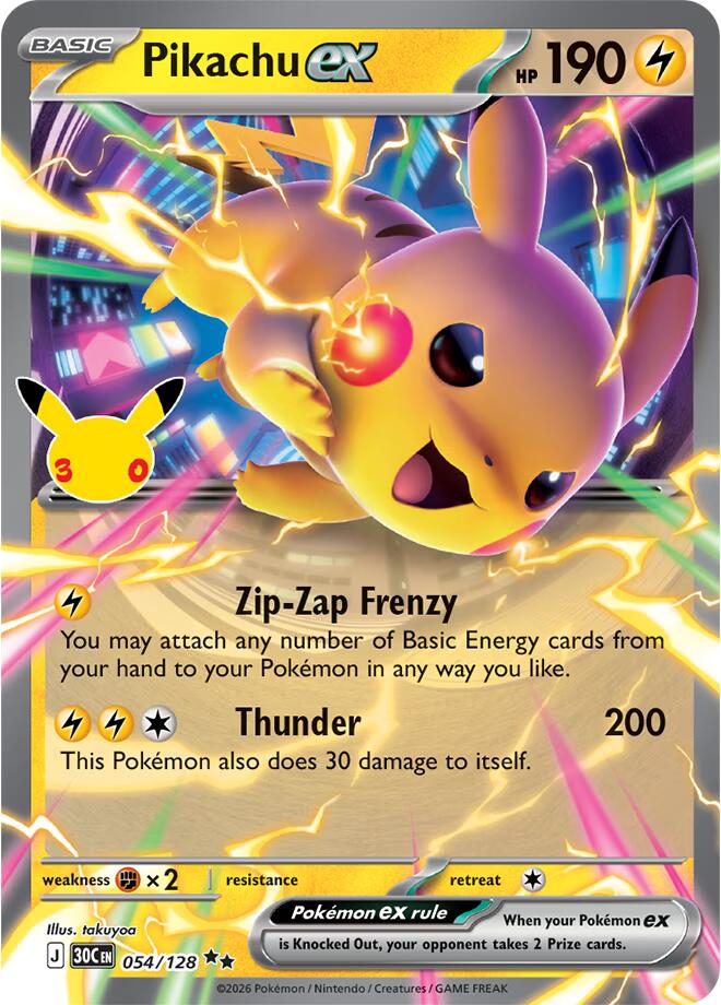 Pikachu ex 054/128 card from ME: 30th Celebration