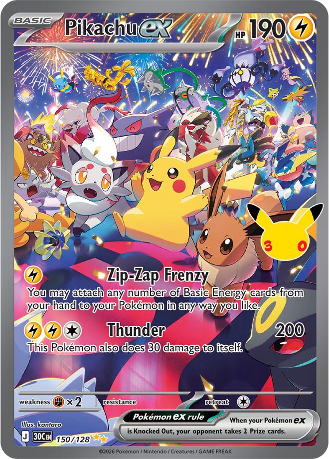 Pikachu ex 150/128 card from ME: 30th Celebration