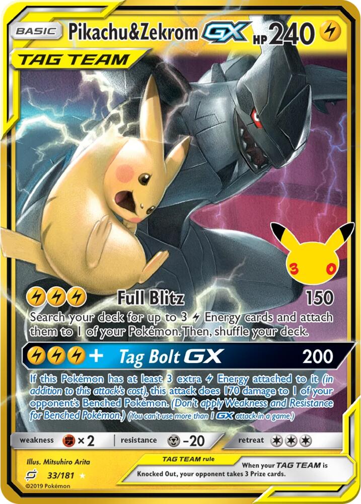 Pikachu & Zekrom GX 33/181 card from ME: 30th Celebration Classic Collection