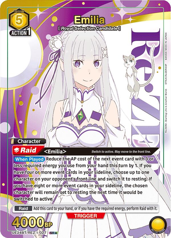 Emilia (Box Topper Gold Foil) UE24BT/REZ-1-027 card from UE24BT: Re:ZERO -Starting Life in Another World-