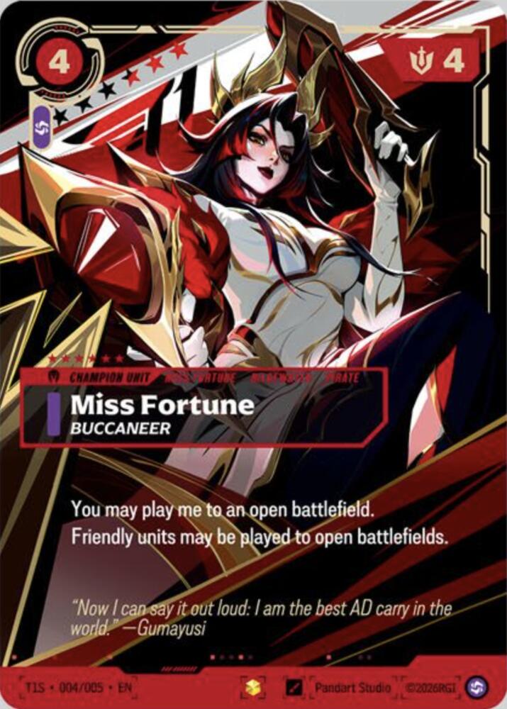 Miss Fortune, Buccaneer (T1 Worlds Champion Signature Edition Bundle) T1S 004/005 card from Riftbound Promotional Cards