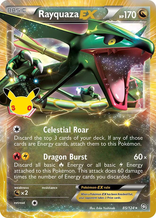 Rayquaza EX 85/124 card from ME: 30th Celebration Classic Collection