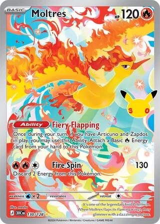 Moltres 130/128 card from ME: 30th Celebration