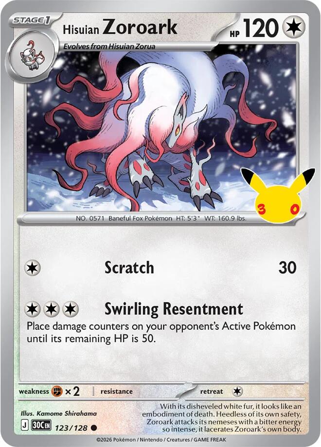 Hisuian Zoroark 123/128 card from ME: 30th Celebration