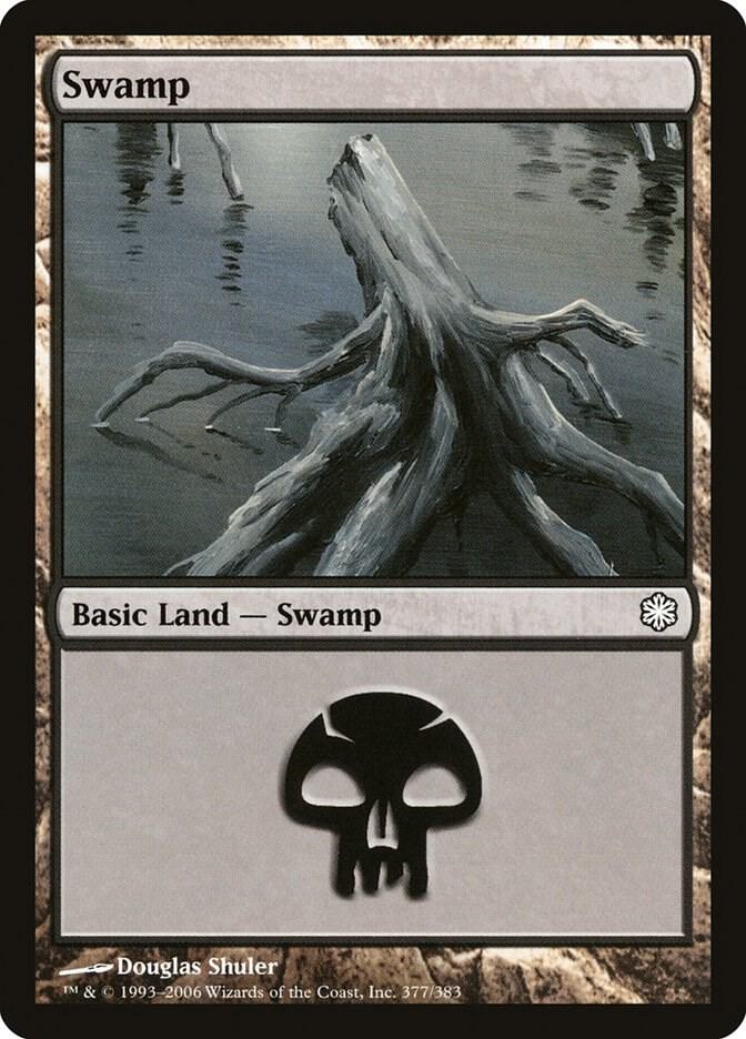 Swamp 377 card from Coldsnap Theme Deck Reprints