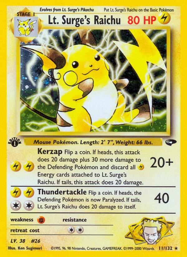 Lt. Surge's Raichu 011/132 card from Gym Challenge