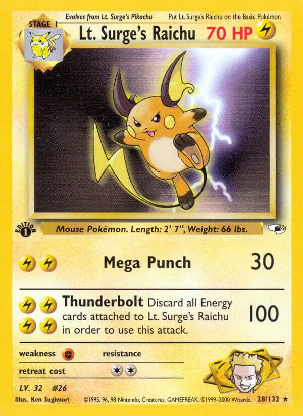 Lt. Surge's Raichu 028/132 card from Gym Heroes