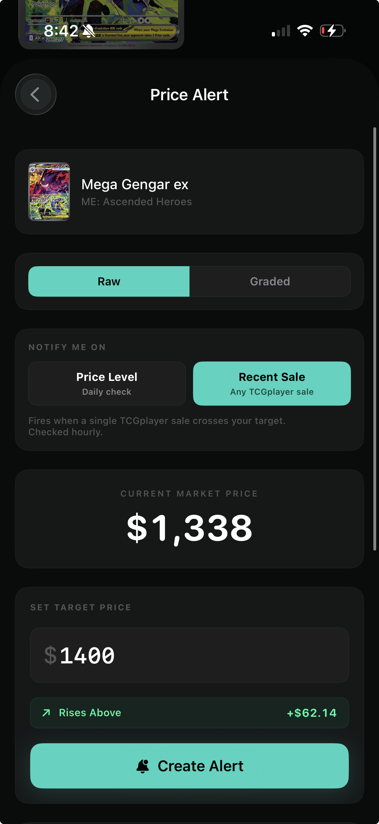 DeckTradr mobile price alert showing a target price and current market value