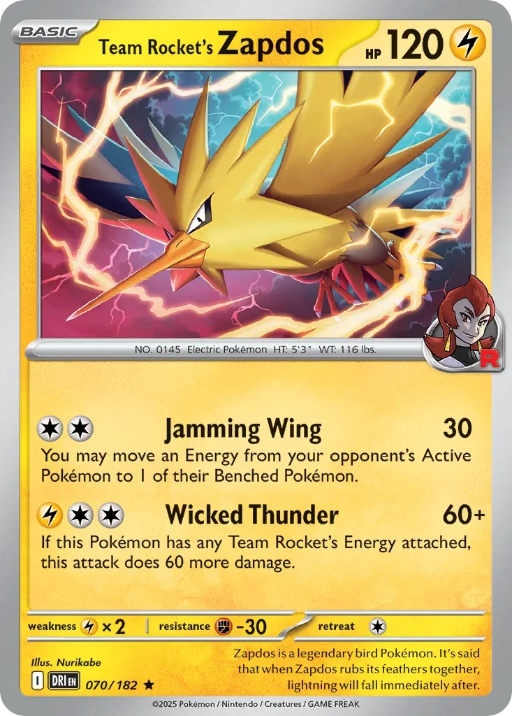 Team Rocket's Zapdos (Cosmos Holo) 070/182 card from Miscellaneous Cards & Products