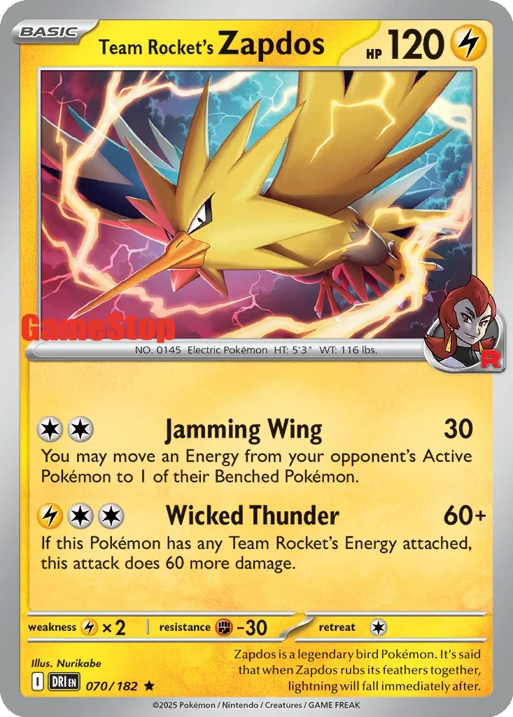 Team Rocket's Zapdos (Gamestop Exclusive) 070/182 card from Miscellaneous Cards & Products
